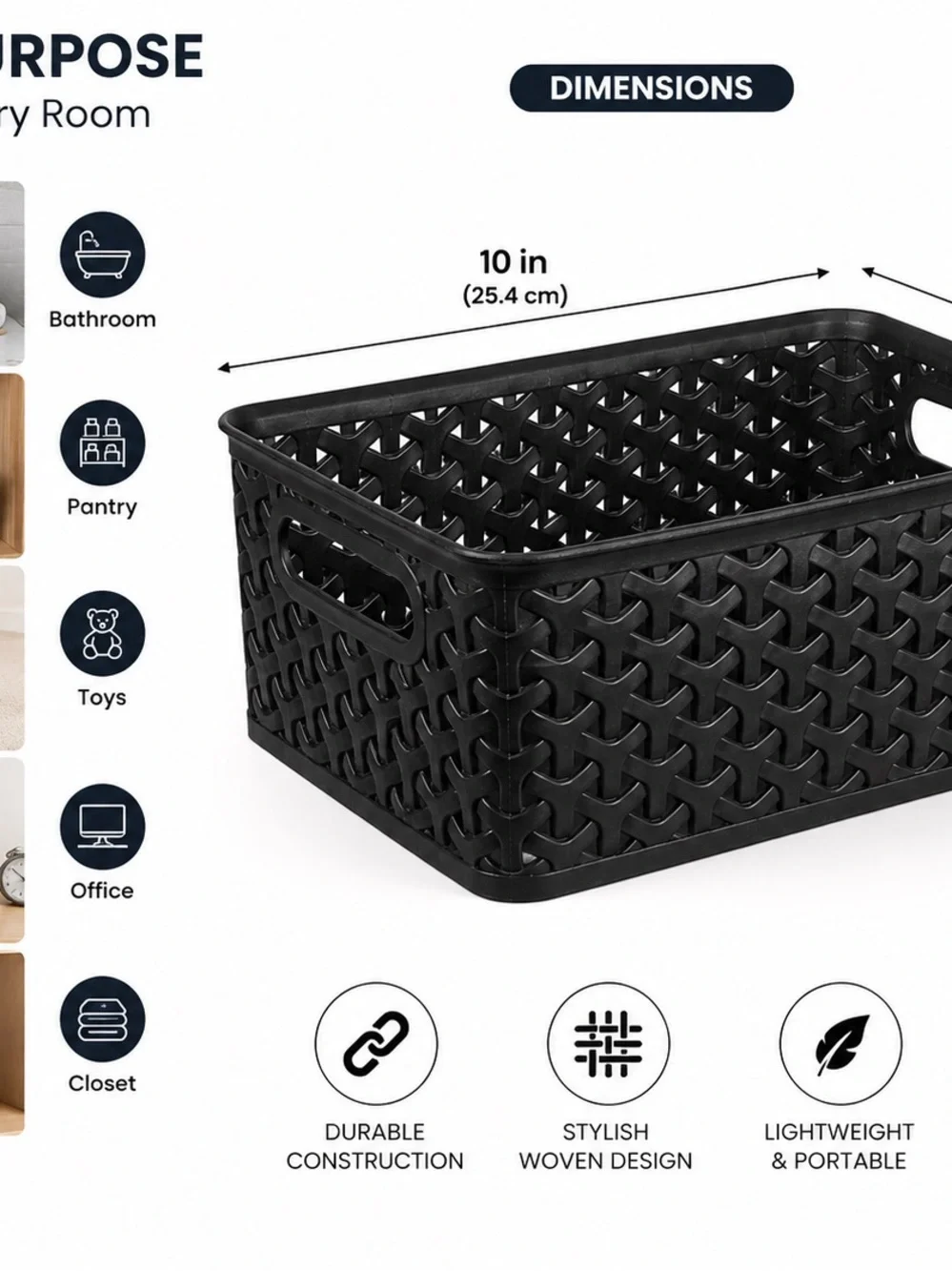 Black Plastic Woven Storage Basket - Stackable Home Organizer